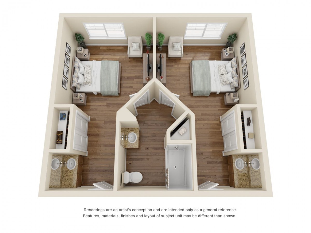 A detailed floor plan of a two-bedroom apartment showcasing symmetrical layout and furnishings.