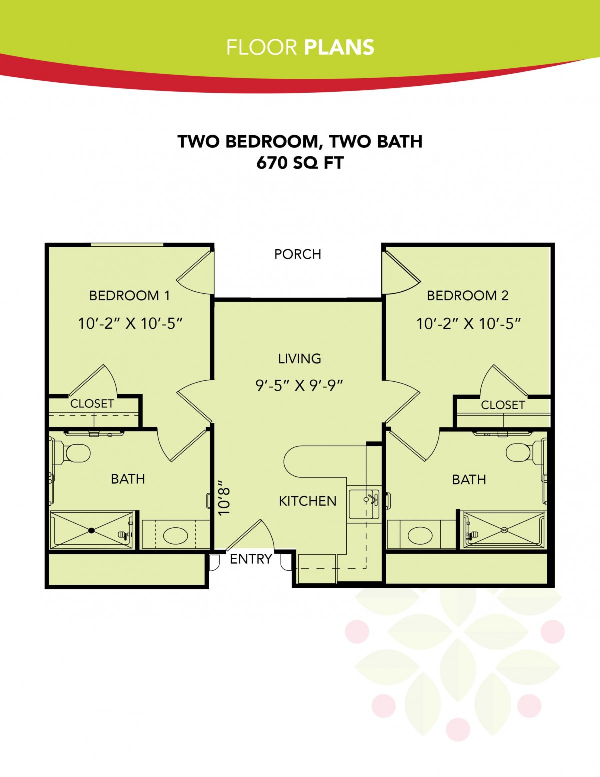 A floor plan of a two-bedroom, two-bathroom apartment measuring 470 square feet.