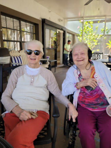 Two joyful friends enjoying each other's company in a sunny indoor space.
