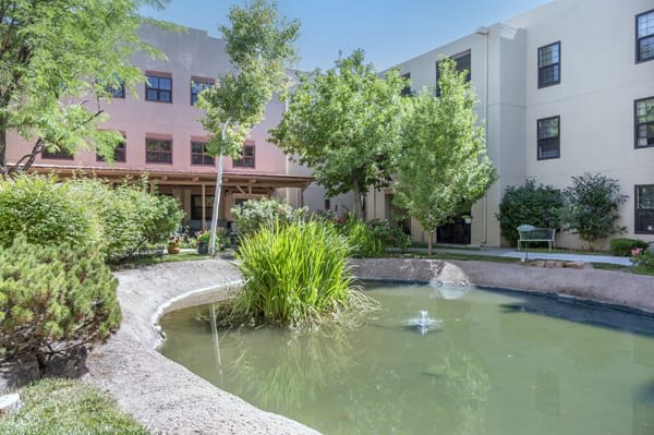 A serene outdoor garden area featuring a pond with a fountain surrounded by trees and a multi-story building.