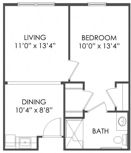 A floor plan of a one-bedroom apartment featuring a living room, dining area, and bathroom.