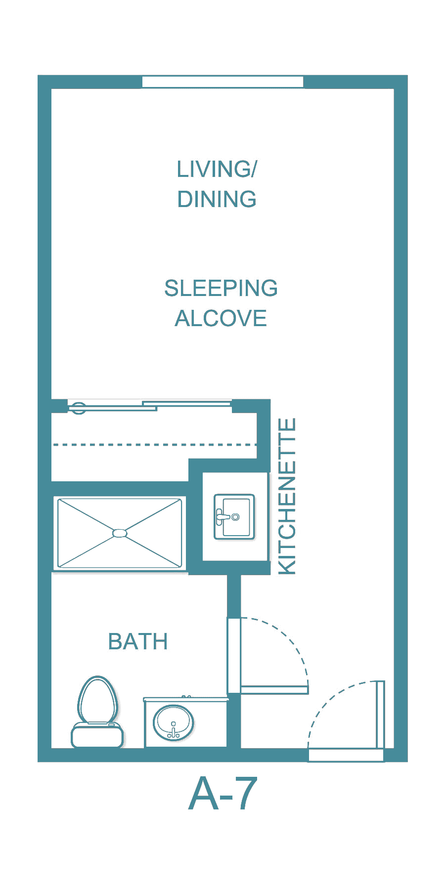 A compact floor plan of a studio apartment featuring a sleeping alcove, kitchenette, and bathroom.