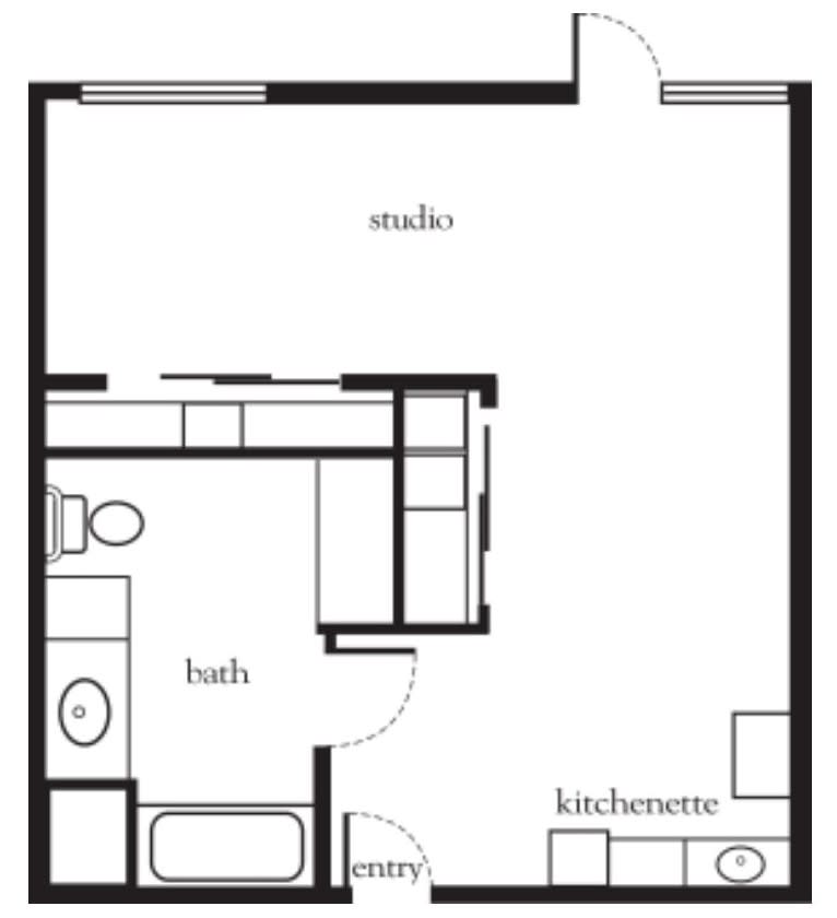 Studio apartment floor plan with bath, kitchen, and living area.