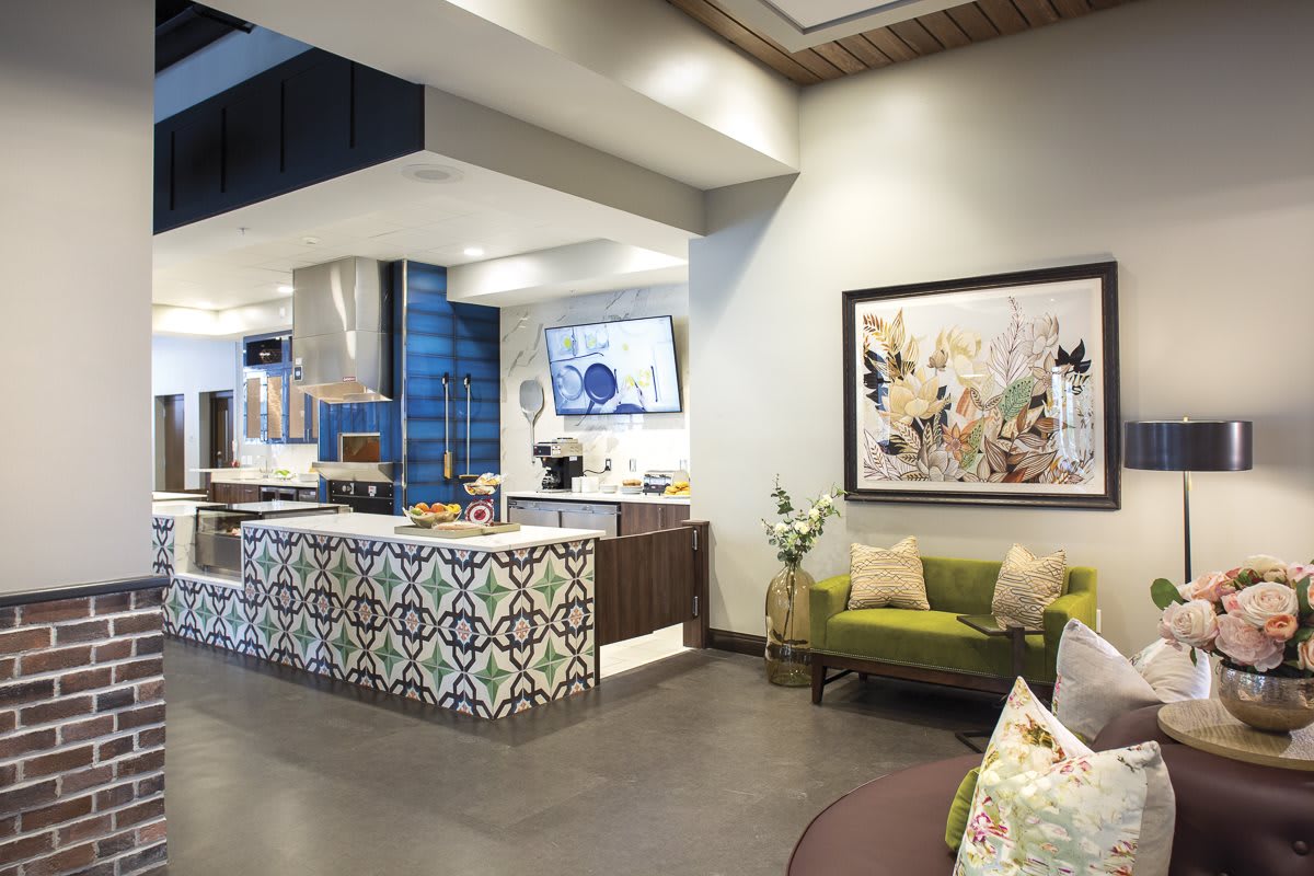 Modern interior featuring a stylish kitchen and cozy living area.