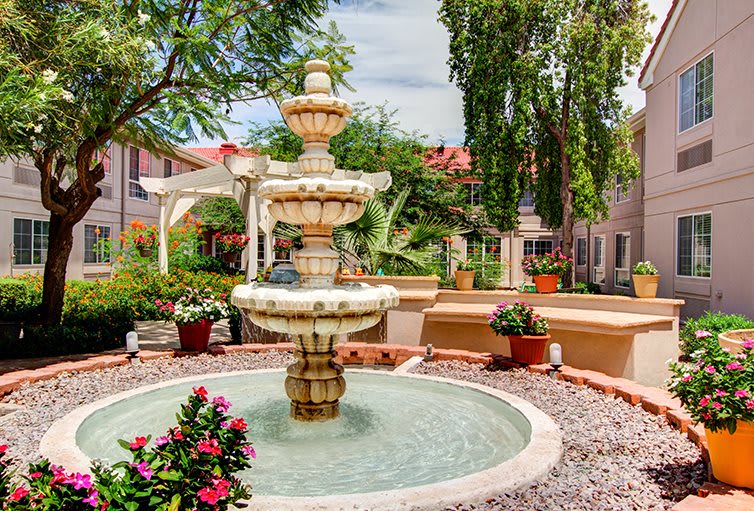 A beautiful garden setting with a multi-tiered fountain surrounded by lush greenery and vibrant flowers.