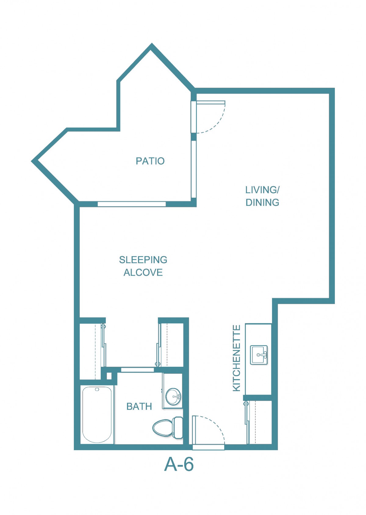 Studio apartment floor plan with a sleeping alcove, living area, kitchenette, bathroom, and patio.