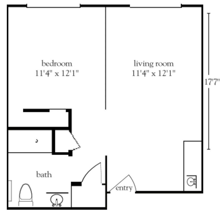 A simple floor plan of an apartment featuring a bedroom, living room, bathroom, and entryway.