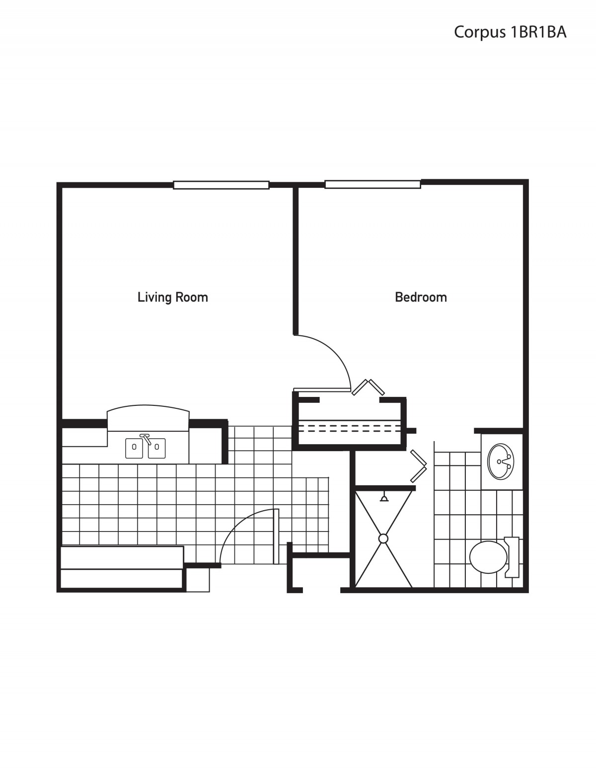 A simple floor plan showing an apartment with a living room, bedroom, kitchen, and bathroom.