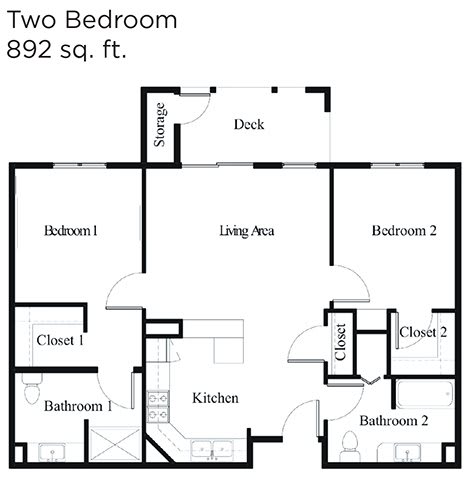 A floor plan of a two-bedroom apartment measuring 892 square feet.