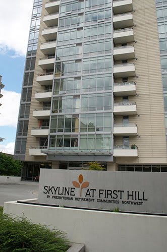 Skyline at First Hill retirement community building facade.