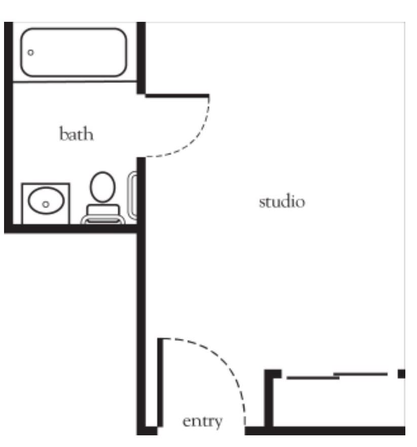 A simple floor plan layout showing an entryway, study, and bathroom.