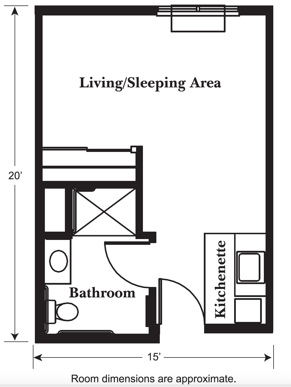 Floor plan of a studio apartment featuring a living/sleeping area, kitchenette, and bathroom.