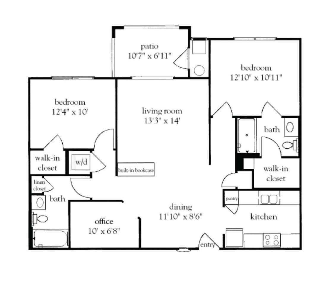 A floor plan layout of a two-bedroom apartment with an office, living room, dining area, and two bathrooms.
