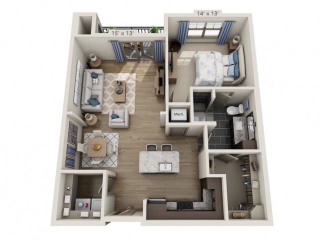 A 3D rendering of a one-bedroom apartment floor plan featuring an open concept living area, kitchen, bathroom, and separate bedroom.