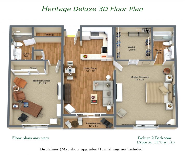 3D floor plan of a Heritage Deluxe apartment with two bedrooms and one bathroom.