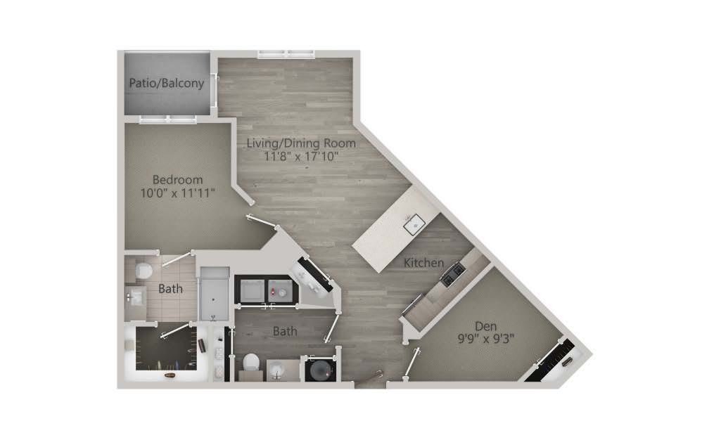A floor plan of a one-bedroom apartment with a den, featuring a living room, kitchen, bathroom, and patio balcony.
