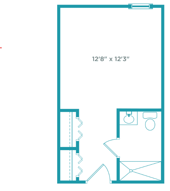 A floor plan showing a room with dimensions and a bathroom area.