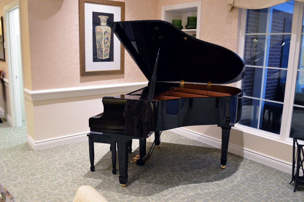A grand piano in a well-decorated music room with art on the wall.