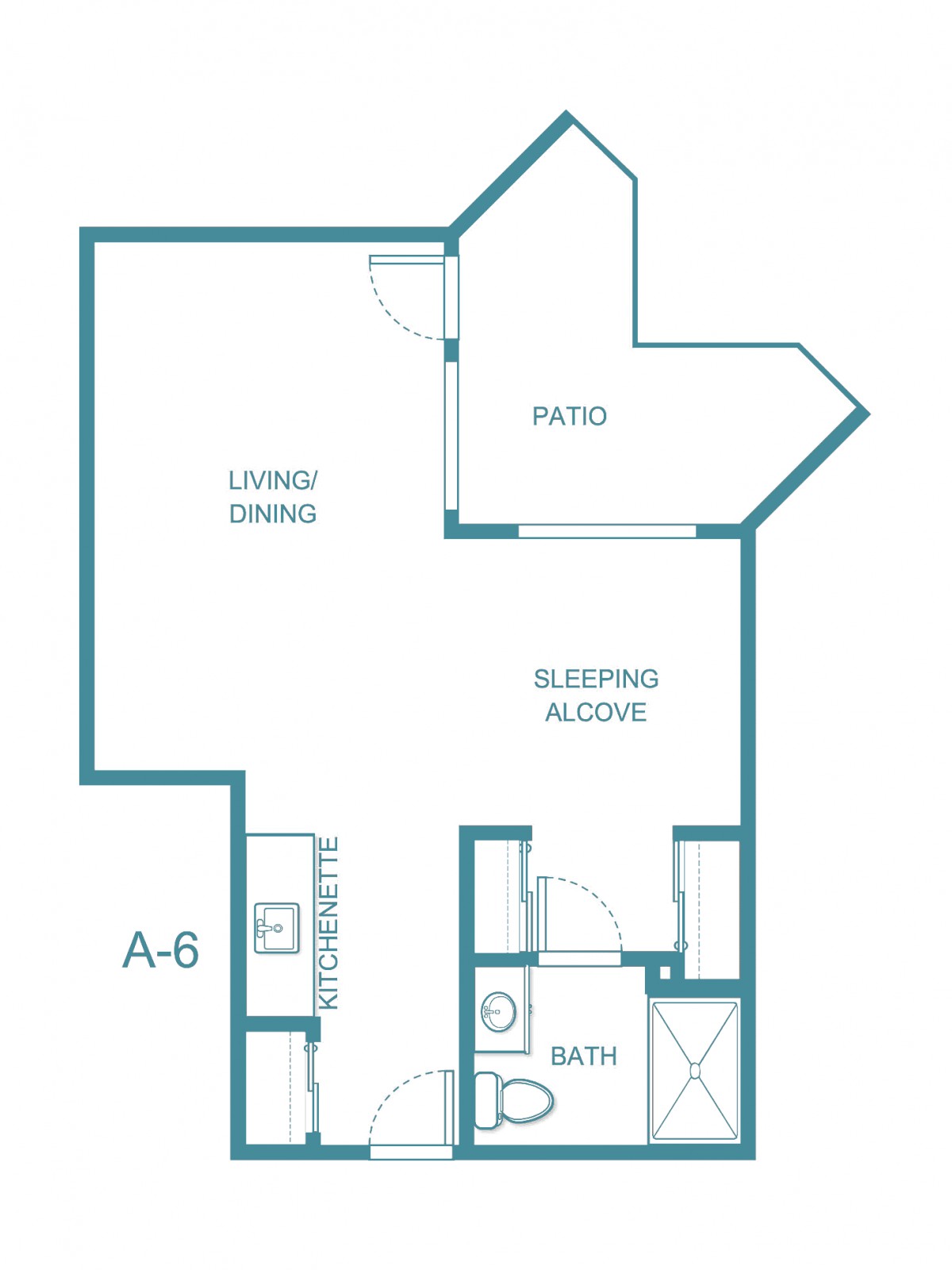 A floor plan of a studio apartment with a sleeping alcove and patio.