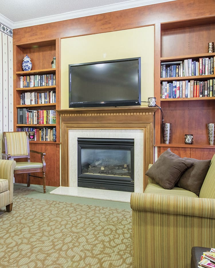 A cozy living room featuring a fireplace, a television mounted above it, and bookshelves filled with books on either side.