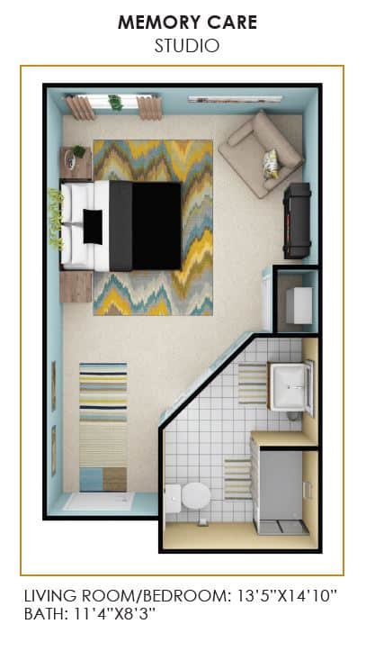 A compact apartment floor plan featuring a bedroom, bathroom, and living area.