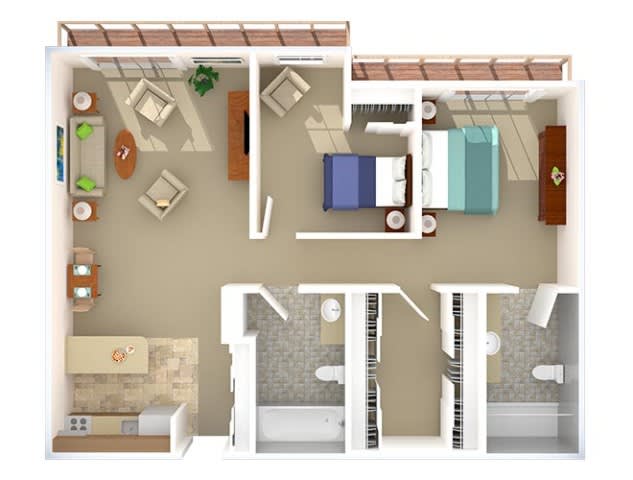 A detailed floor plan of a two-bedroom apartment with an open living space, kitchen, and two bathrooms.