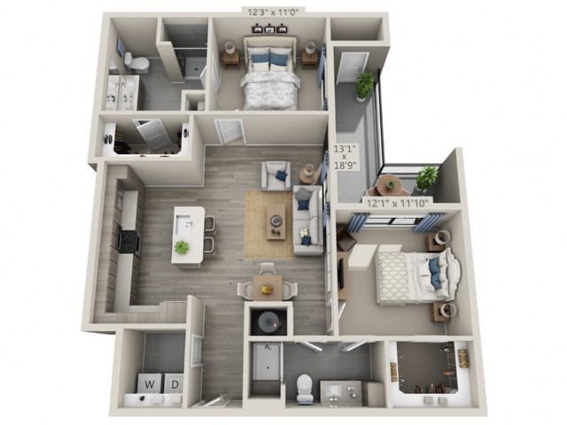 A 3D floor plan of an apartment showcasing two bedrooms, two bathrooms, a kitchen, and a living area.