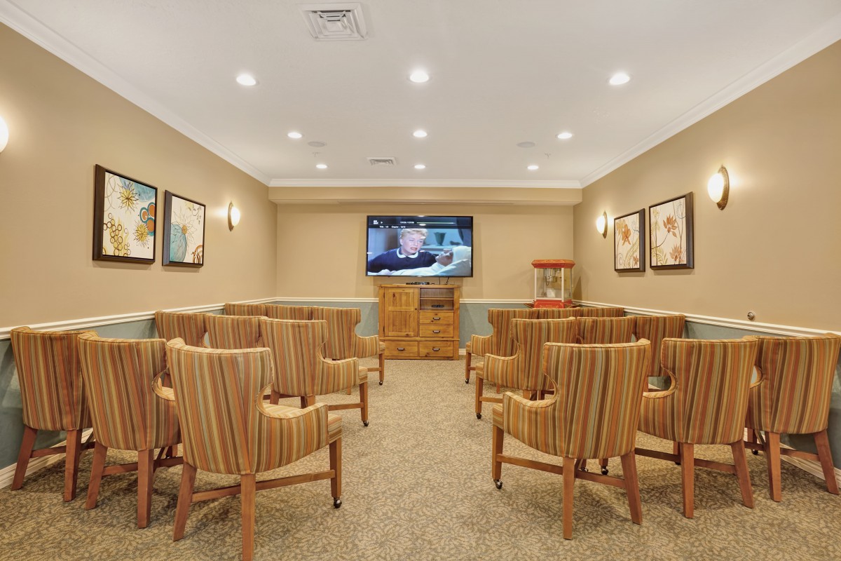 A small theater room with rows of chairs facing a television screen.