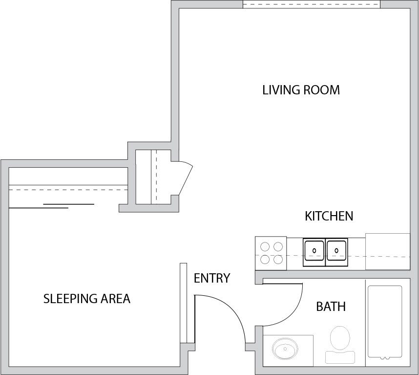 Floor plan of a small apartment with designated living spaces.