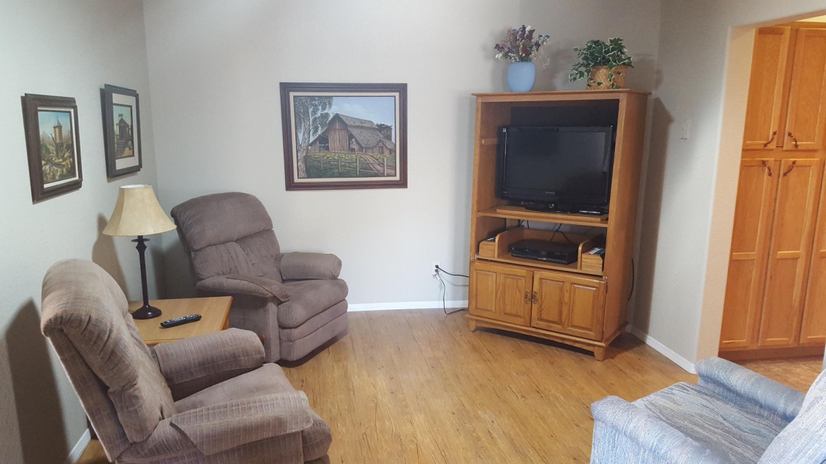 A cozy living room with a comfortable armchair, wooden cabinet, television, and a painting on the wall.