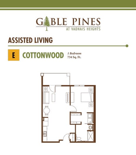 Floor plan for a one-bedroom assisted living unit at Gable Pines.