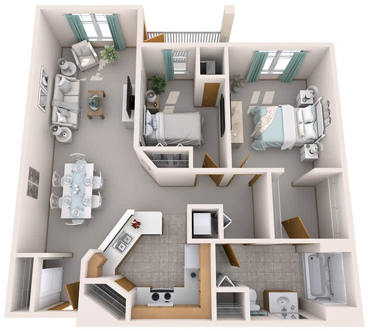 A detailed floor plan of a two-bedroom apartment featuring a kitchen, living room, dining area, and bathroom.