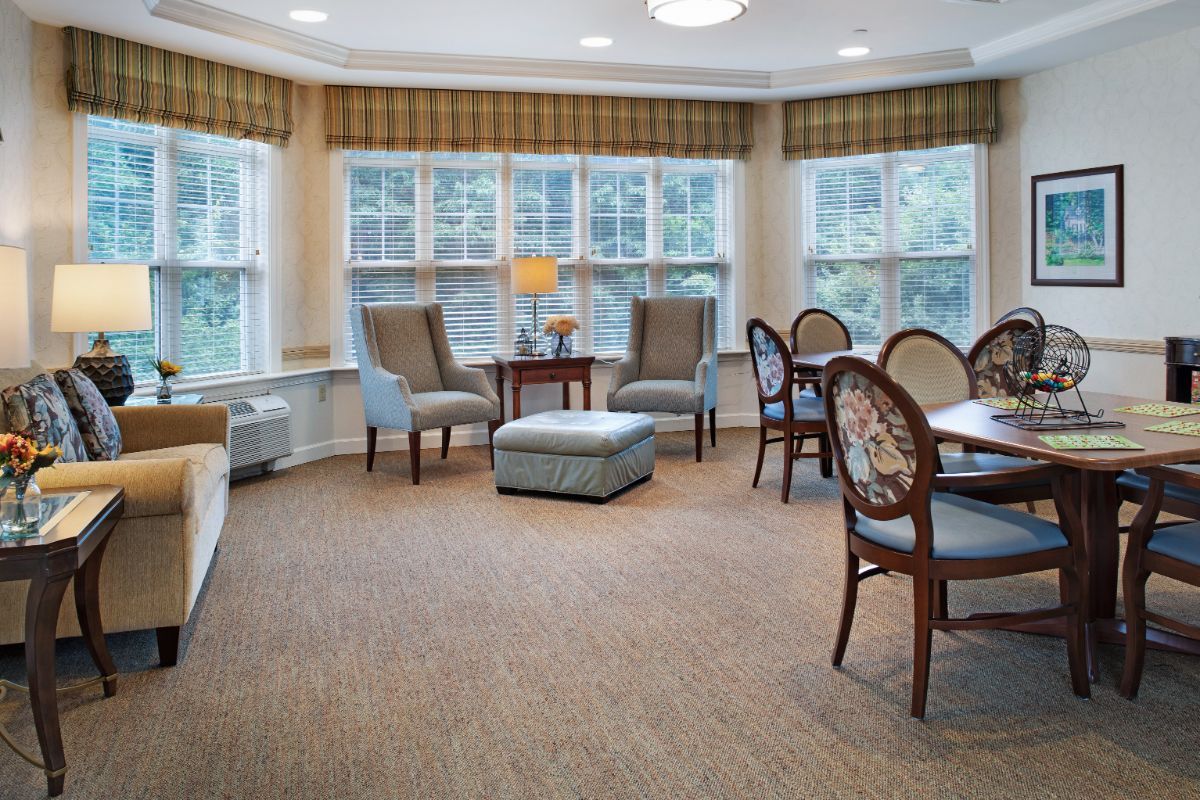 A cozy and well-lit living room with elegant furniture, large windows, and a carpeted floor.