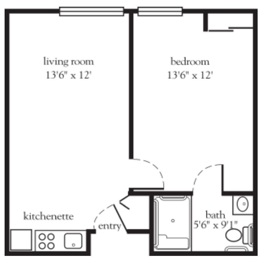 A floor plan of a one-bedroom apartment featuring a living room, bedroom, kitchenette, and bathroom.