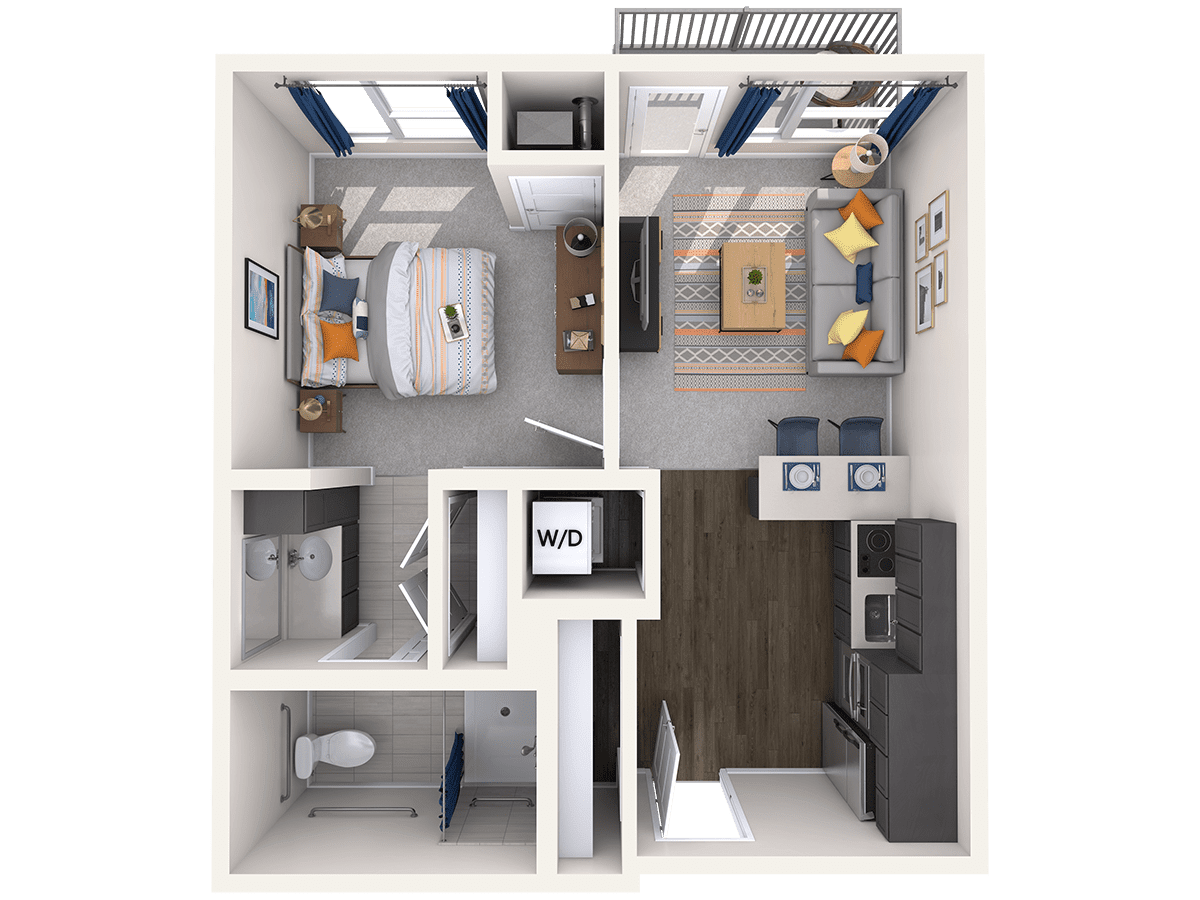 A top view of a compact one-bedroom apartment featuring a combined living and dining area, a kitchen, a bathroom, and a cozy bedroom.