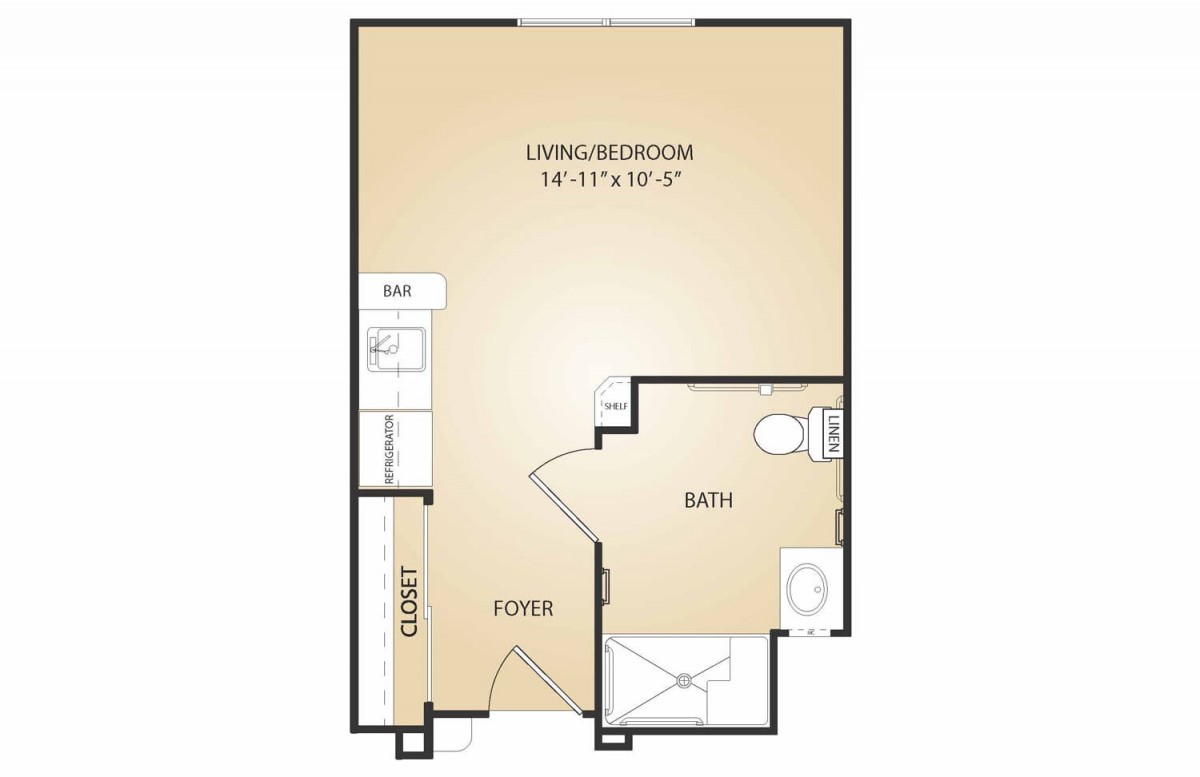 Studio apartment floor plan with living/bedroom, kitchen, and bathroom.