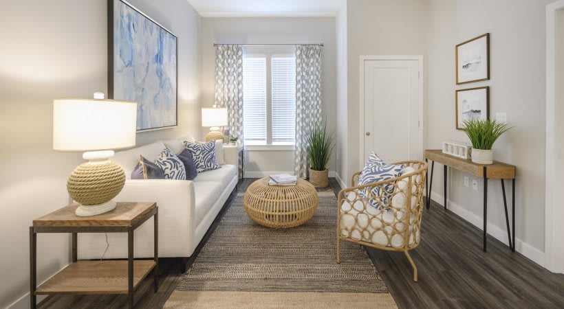 A modern living room with stylish furniture and decor.