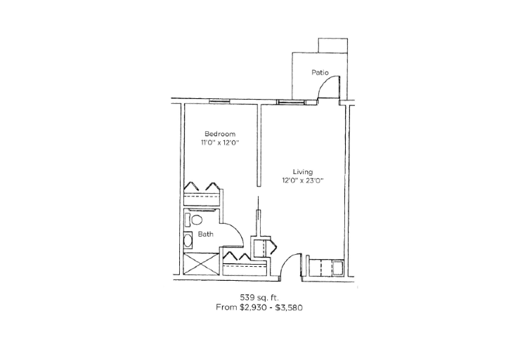 A floor plan for a 1-bedroom apartment featuring a living area and bathroom.