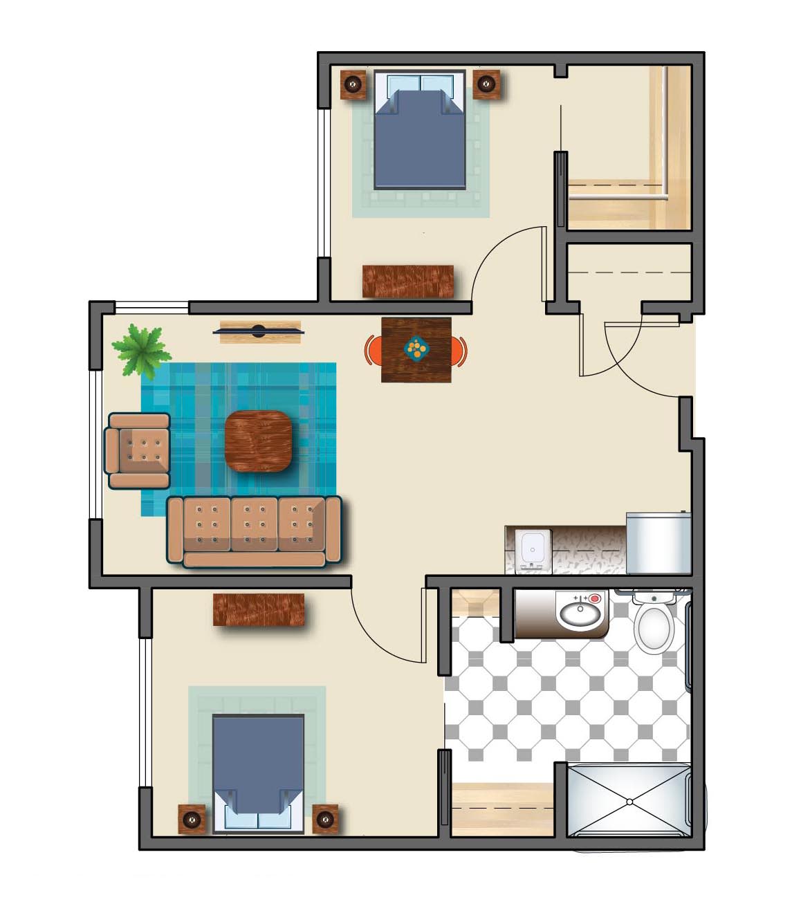 A simple floor plan of a small apartment with two bedrooms, a living area, and a kitchen.
