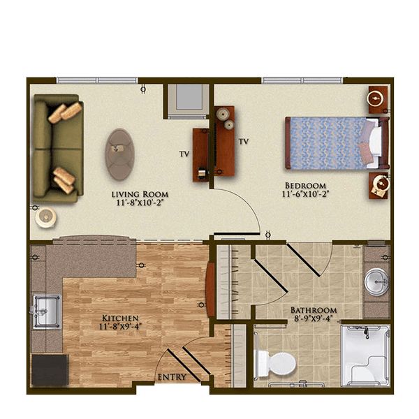 A detailed floor plan of a one-bedroom apartment including a living room, kitchen, and bathroom.