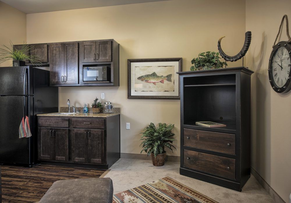 A modern kitchen interior featuring dark wooden cabinets, a small sink area, and decorative elements including artwork and a green plant.