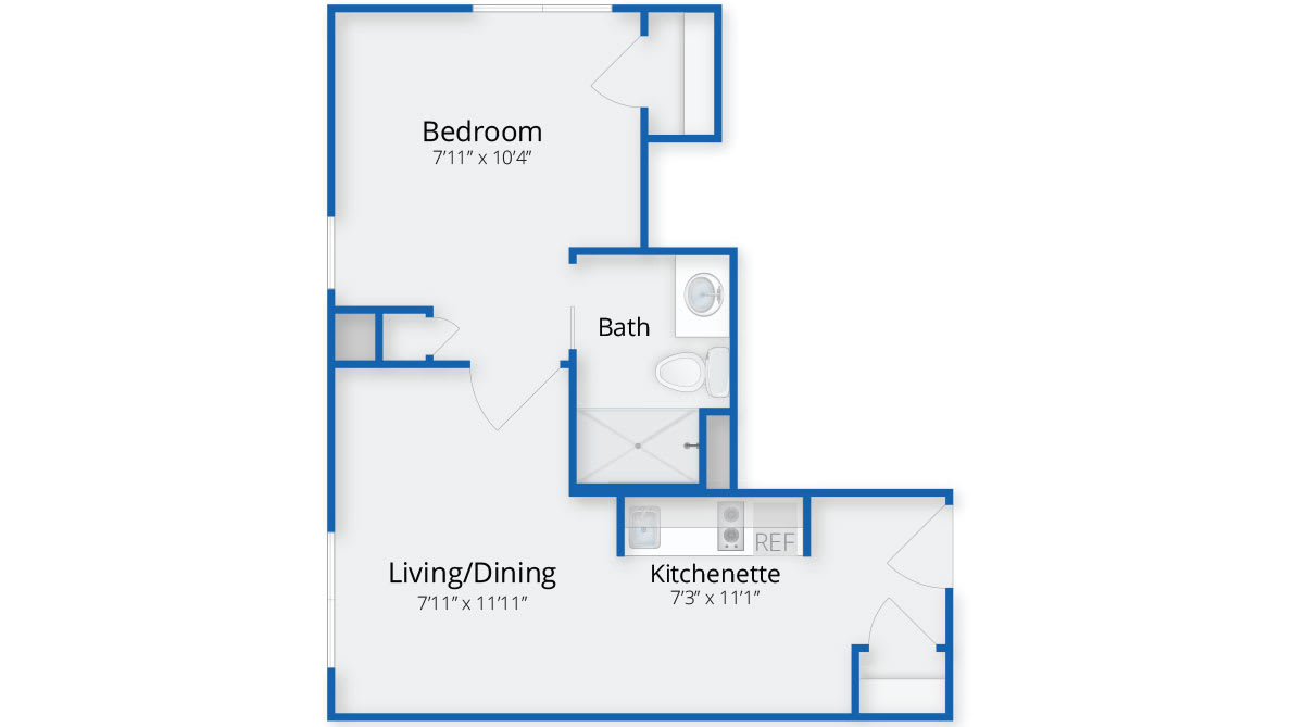 A floor plan of a one-bedroom apartment featuring a living/dining area, kitchenette, and bathroom.