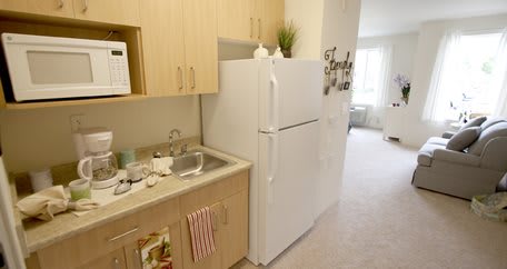 A compact kitchen area with a refrigerator and sink in a small apartment setting.