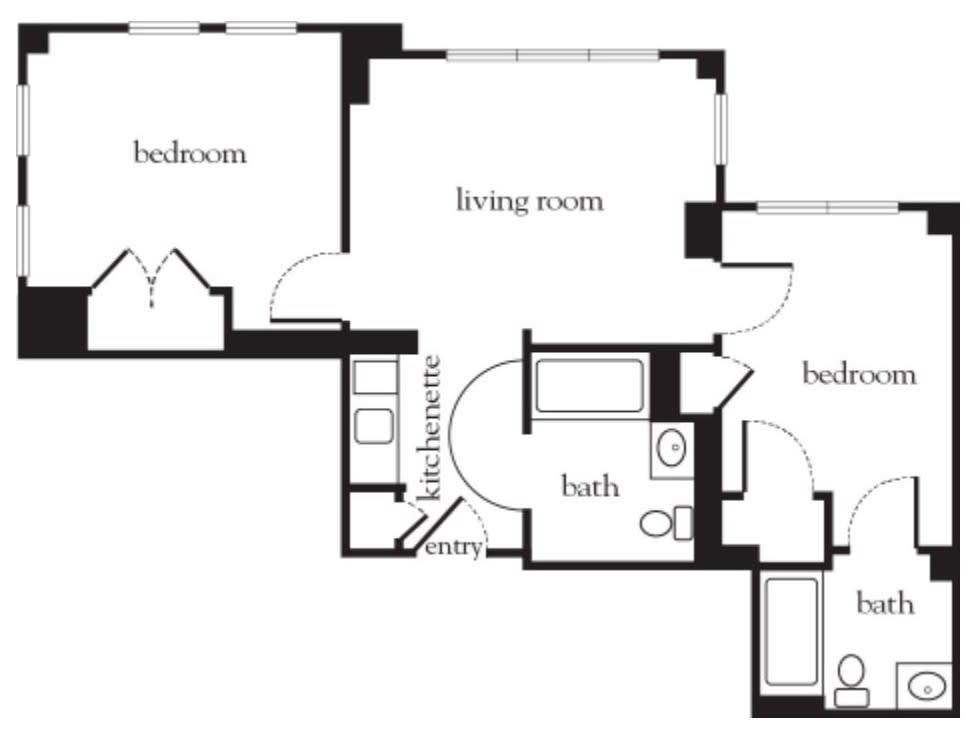 A floor plan of a two-bedroom apartment showing the layout of rooms including living room, bathroom, and bedrooms.