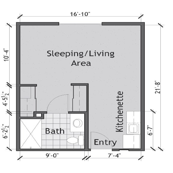 Floor plan of a studio apartment with a sleeping/living area, kitchenette, and bath.