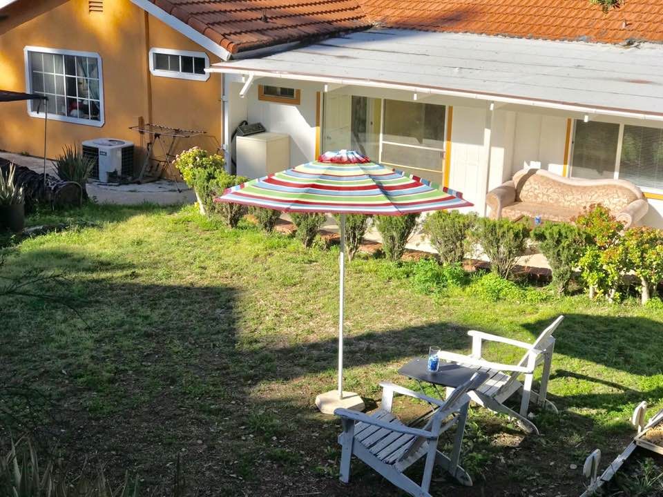 A sunny backyard with a colorful umbrella, chairs, and a well-maintained garden.