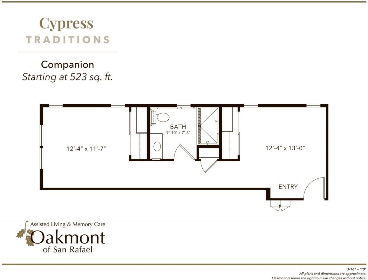 A floor plan for a Cypress Traditions apartment with a total area of 523 square feet.