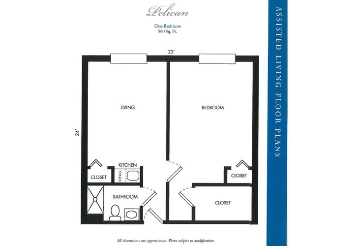 One-bedroom assisted living apartment floor plan with kitchenette and bathroom.