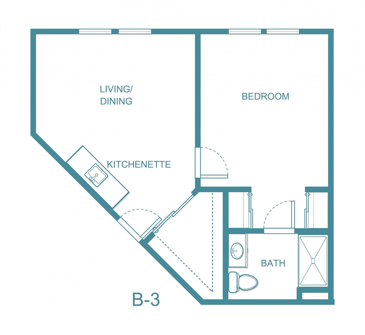 A floor plan of a one-bedroom apartment featuring a living/dining area, kitchenette, and bathroom.