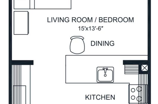 Studio apartment floor plan with kitchen, living/bedroom, and dining area.